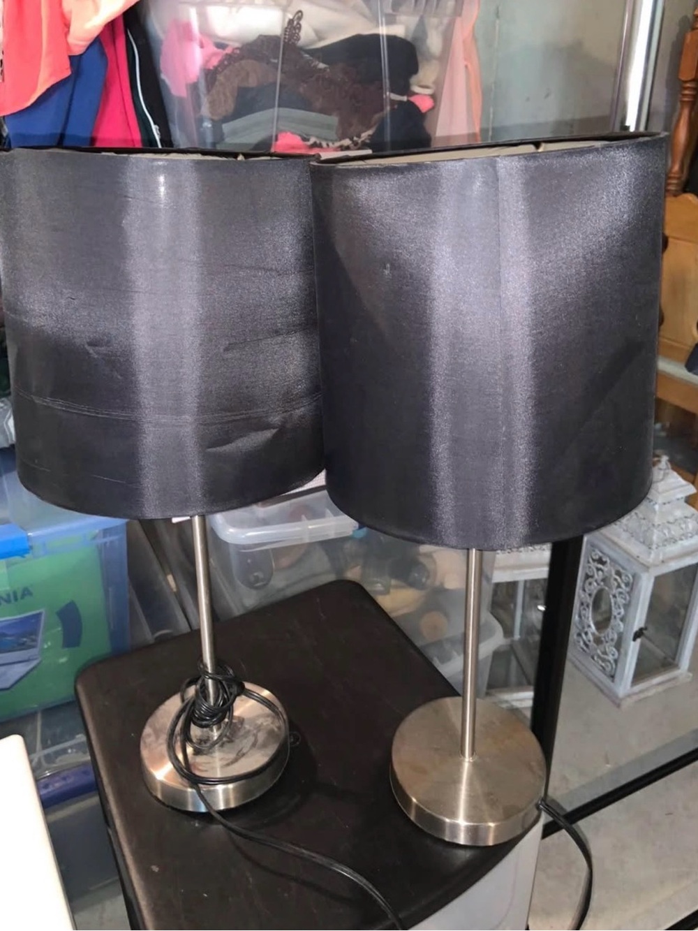 Black Satin Table Lamps - Modern Pair